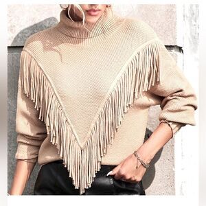 Grace + Karma Light Tan Fringe Front Pullover Turtleneck Neutral Sweater SZ S